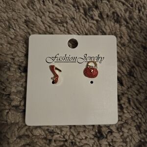 NWT High Heels Red Bag Design Shiny Rhinestone Alloy 14K Gold Plated Earrings